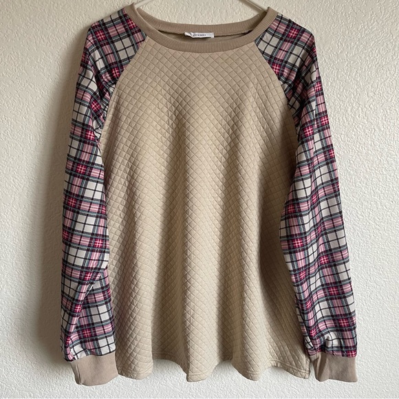 NWT Apricot Textured Top With Plaid Sleeves, Casual, Long Sleeve Blouse - Picture 6 of 11